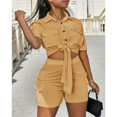 Buttoned Crop Top & High Waist Shorts Set - khaki