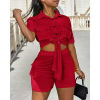 Buttoned Crop Top & High Waist Shorts Set - red