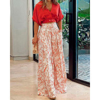 Buttoned Crop Top & Plants Print Wide Leg Pants Set - red