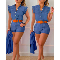 Buttoned Flutter Sleeve Top & Shorts Set - blue