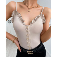 Buttoned Frill Hem Spaghetti Strap Bodysuit - Apricot