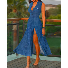 Buttoned High Slit Sleeveless Maxi Dress - blue