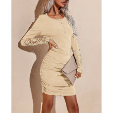 Buttoned Lace Patch Ruched Bodycon Dress - khaki