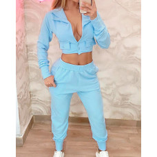 Buttoned Long Sleeve Crop Top & High Waist Pants Set - blue