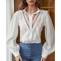 Buttoned Long Sleeve Lace Patch Shirt - white