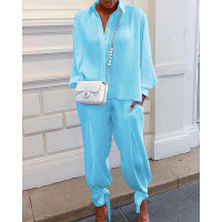 Buttoned Long Sleeve Ruched Top & Pockets Pants Set - Lighted Blue