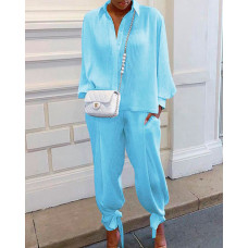 Buttoned Long Sleeve Ruched Top & Pockets Pants Set - Lighted Blue