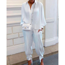 Buttoned Long Sleeve Ruched Top & Pockets Pants Set - white