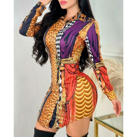 Buttoned Mixed Print Long Sleeve Shirt Dress - Multicolor