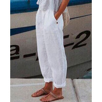 Buttoned Pocket Decor Casual Pants - white