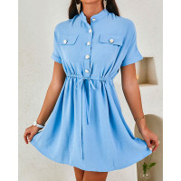 Buttoned Pocket Decor Drawstring Ruched Shirt Dress - blue