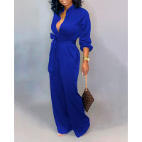 Buttoned Pocket Design Casual Jumpsuit - blue