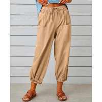 Buttoned Pocket Design Drawstring Cuffed Pants - khaki