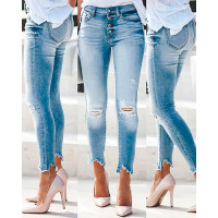 Buttoned Pocket Design Ripped Cutout Denim Pants - blue