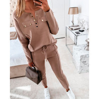 Buttoned Pocket Design Top & Drawstring Pants Set - brown