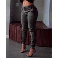 Buttoned Pocket Detail High Waist Cuffed Pants - gray