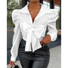 Buttoned Puff Sleeve Tied Detail Top - white