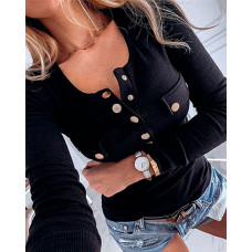 Buttoned Ribbed Long Sleeve Top - black