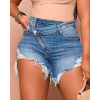 Buttoned Ripped Pocket Design Denim Shorts - blue