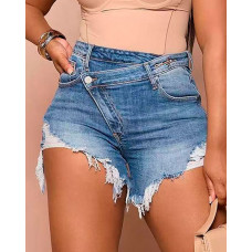 Buttoned Ripped Pocket Design Denim Shorts - blue