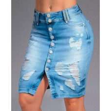 Buttoned Ripped Pocket Design Denim Skirt - Lighted Blue