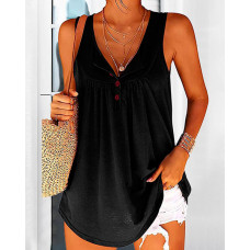 Buttoned Ruched Round Neck Flowy Tank Top - black