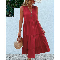 Buttoned Ruched Smock Casual Dress - Wine red