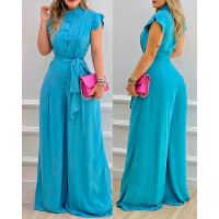 Buttoned Ruffles Wide Leg Jumpsuit With Belt - blue