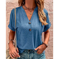 Buttoned Short Sleeve Casual T-shirt - blue