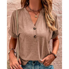 Buttoned Short Sleeve Casual T-shirt - khaki