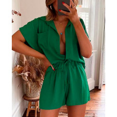 Buttoned Short Sleeve Shirt & Drawstring Shorts - dark green