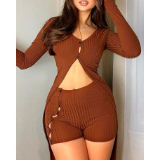 Buttoned Slit Asymmetrical Cardigan & Shorts Set - brown