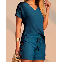 Buttoned T-shirt & Drawstring Shorts Set - blue