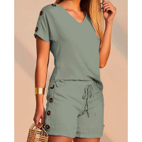 Buttoned T-shirt & Drawstring Shorts Set - green