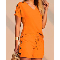 Buttoned T-shirt & Drawstring Shorts Set - orange