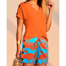 Buttoned T-shirt & Plants Print Drawstring Shorts Set - orange