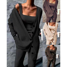 Buttoned Tank Top & Pants Set With Cardigan - black