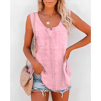 Buttoned V-Neck Textured Tank Top - pink