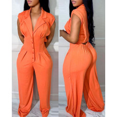 Buttoned Wide Leg Ruched Jumpsuit - orange