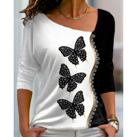 Buttterfly Print Colorblock Long Sleeve Top - white