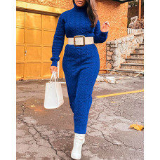 Cable Knit High Neck Long Sleeve Dress - blue