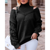 Cable Knit Lantern Sleeve Cold Shoulder Sweater - black