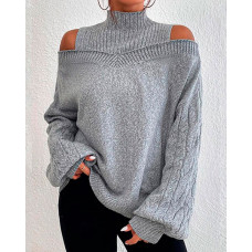 Cable Knit Lantern Sleeve Cold Shoulder Sweater - gray