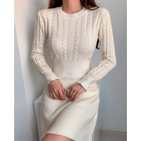 Cable Knit Long Sleeve Dress - white