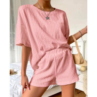 Cable Textured Half Sleeve Pajamas Set - pink