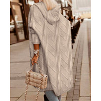 Cable Textured Hooded Longline Coat - khaki