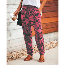 Camo Print Drawstring Pocket Design Sweatpants - hot pink