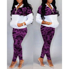 Camo Print Pocket Detail Zipper Front Top & Pants Set - purple