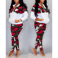 Camo Print Pocket Detail Zipper Front Top & Pants Set - red