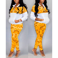 Camo Print Pocket Detail Zipper Front Top & Pants Set - yellow